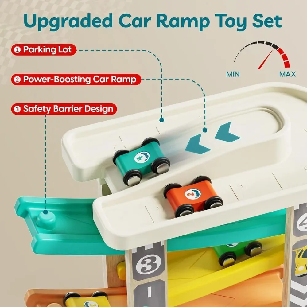 TOP Bright Toddler Wooden Race Track Car Ramp Toy with 4 Mini Cars and Garage